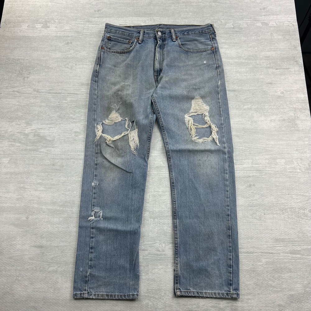 Levis 505 Jeans Size 36x32 Blue Light Wash Denim Distressed Regular Fit Straight